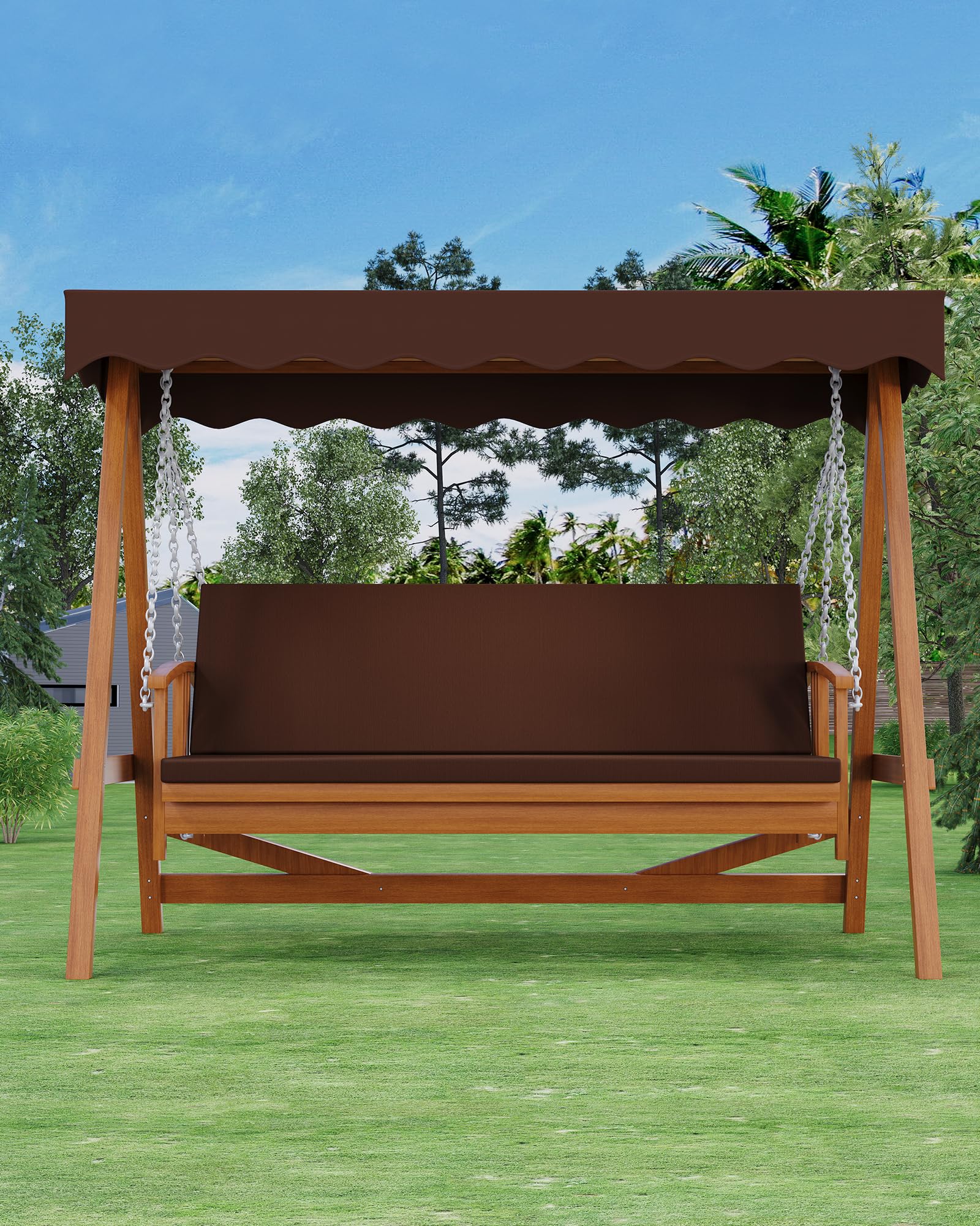 GarveeLife Wooden Patio Swing with Adjustable Canopy, 3-Seater Wood Patio Swing Bench with Removable Cushion, Patio Swing Glider with Flatbed for Backyard Garden Balcony Poolside, Brown