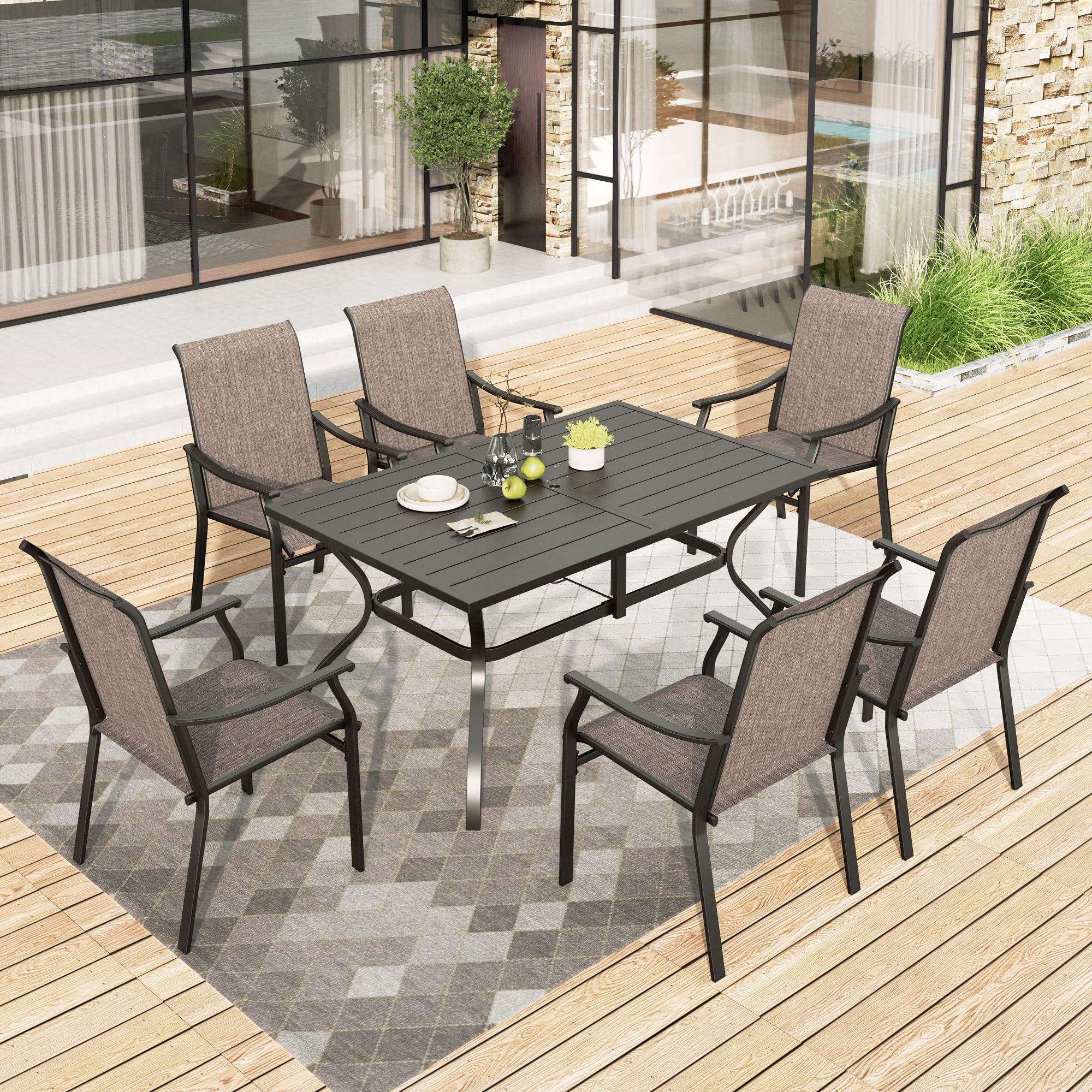 HERA'S HOUSE Outdoor Dining Set 7 Piece Patio Dining Sets, 6 Brown Textilene Chairs and 1 Rectangular Metal Dining Table, Patio Furniture Set for Deck Backyard Lawn Garden Porch