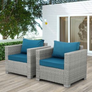 waroom outdoor sofa wicker patio chairs set of 2, porch single chair grey rattan deep seating armchair balcony furniture with peacock blue cushion