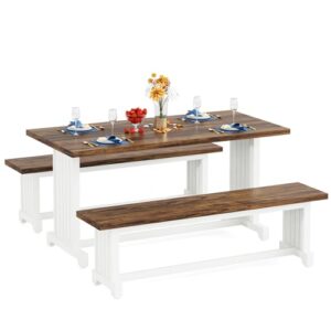 Tribesigns 47" Dining Table Set for 4-6, 3-Piece Kitchen Room Table with 2 Benches, Farmhouse Wood Dinner Table for Small Space, Home Kitchen, White & Rustic Brown