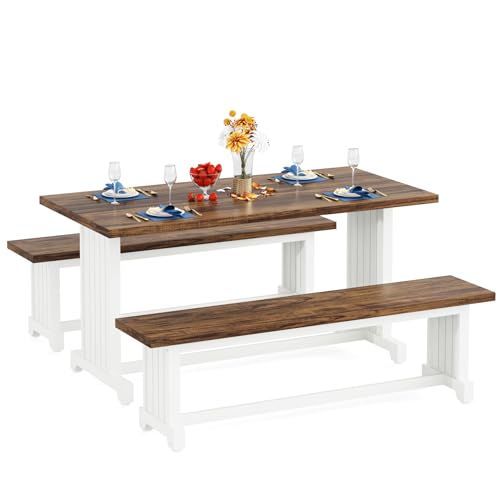 Tribesigns 47" Dining Table Set for 4-6, 3-Piece Kitchen Room Table with 2 Benches, Farmhouse Wood Dinner Table for Small Space, Home Kitchen, White & Rustic Brown