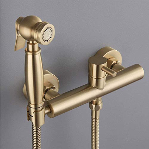 MINJING Toilet Bidet Faucet Gold, Solid Brass Wall Mount Handheld Bathroom Bidet Sprayer, Warm Cold and Hot Mixer Faucet, Single Handle Shattaf Spray Faucet