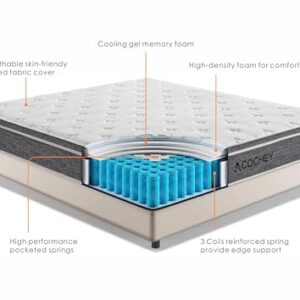 Acochey12 Inch King Mattress Memory Foam and Spring Hybrid King Size Mattresses,Medium Firm Feel Grey Mattress in a Box, Quality Comfort and Adaptive Support Breathable Cooling King Mattresses.