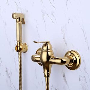 minjing bidet faucet gold, hand held toilet bidet sprayer, brass single handle wall mount hot cold water bidet faucet, cloth diaper sprayer