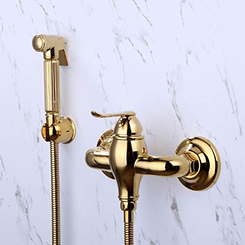 MINJING Bidet Faucet Gold, Hand Held Toilet Bidet Sprayer, Brass Single Handle Wall Mount Hot Cold Water Bidet Faucet, Cloth Diaper Sprayer