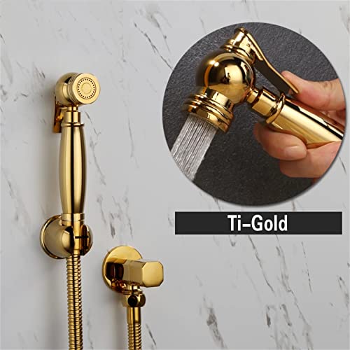 MINJING Bidet Faucet, Single Cold Handheld Bidet Sprayer Douche Toilet Kit, Shiny Titanium Gold Brass Square Shattaf Shower Head Copper Valve Bidet Tap,A Set