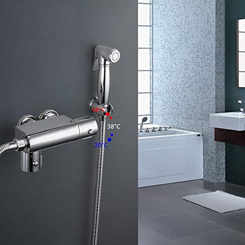 MINJING Bidets Faucet, Wall Mount Thermostatic Bidet Faucet, Brass Bidet Toilet Faucet, Hot and Cold Water Hygienic Shower, Warm Water Faucet Sprayer Kit, Chrome