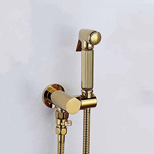 MINJING Handheld Toilet Bidet Sprayer, Solid Brass Douche kit Bathroom Shattaf Shower Bidet Faucet with Swivel Holder, Angle Valve, Titanium Gold,A