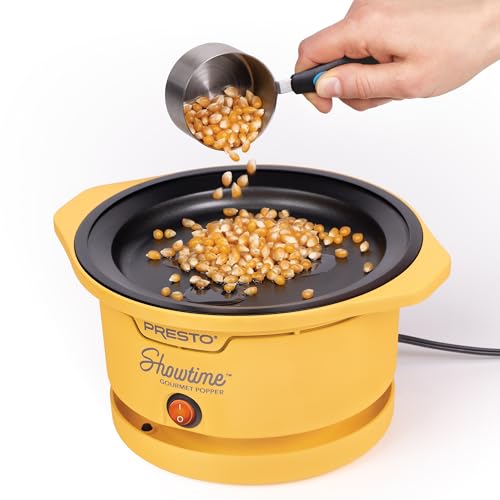 Presto 05206 Showtime Gourmet Oil Popcorn Popper - 9-Cups, Built-In Serving Bowl, Compact Design, Ceramic Nonstick, PFAS Free, Yellow