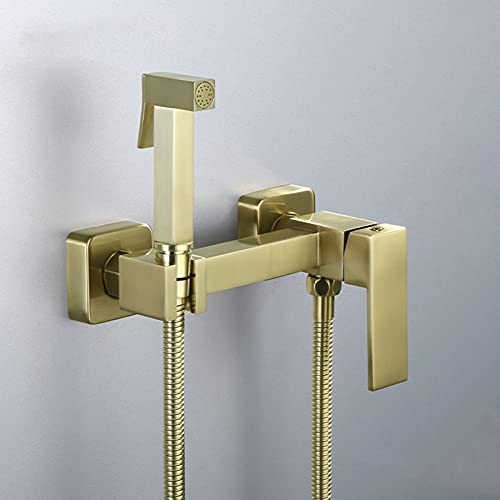 MINJING Bidet Spray Brushed Gold, Hot and Cold Water Handheld Toilet Bidet Sprayer, Brass Toilet Sprayer for Personal Hygiene, Wall Mounted Bidet Faucet