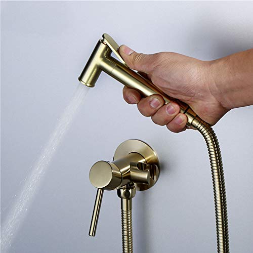 MINJING Brushed Gold Bidet Faucet, Hand Held Toilet Bidet Sprayer, Cold and Hot Water Mixer Bidet Tap, Solid Brass Bathroom Mixer Douche Kit Shattaf Shower Faucet