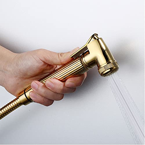 MINJING Handheld Toilet Bidet Sprayer, Solid Brass Douche kit Bathroom Shattaf Shower Bidet Faucet with Swivel Holder, Angle Valve, Titanium Gold,A