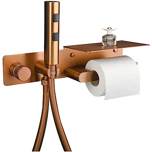 MINJING 2in1 Bidet Sprayer for Toilet with Paper Holder, Hot and Cold Brass Rough-in Valve, Stainless Steel Handheld Bidet Attachment Set for Feminine, Pets and Baby Diaper Wash, Rose Gold