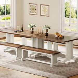 Tribesigns 47" Dining Table Set for 4-6, 3-Piece Kitchen Room Table with 2 Benches, Farmhouse Wood Dinner Table for Small Space, Home Kitchen, White & Rustic Brown