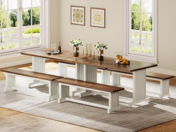 Tribesigns 47" Dining Table Set for 4-6, 3-Piece Kitchen Room Table with 2 Benches, Farmhouse Wood Dinner Table for Small Space, Home Kitchen, White & Rustic Brown