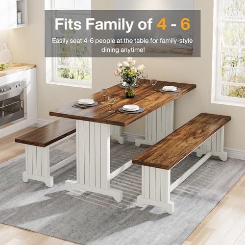 Tribesigns 47" Dining Table Set for 4-6, 3-Piece Kitchen Room Table with 2 Benches, Farmhouse Wood Dinner Table for Small Space, Home Kitchen, White & Rustic Brown