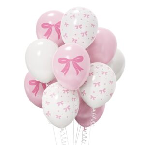 60Pcs Pink Latex Bow Balloons Set, 12" Pastel Pink White Bow Latex Balloon for Birthday Party Bachelorette Decorations Bridal Engagement Wedding Bow Theme Coquette Supplies (Pink white)