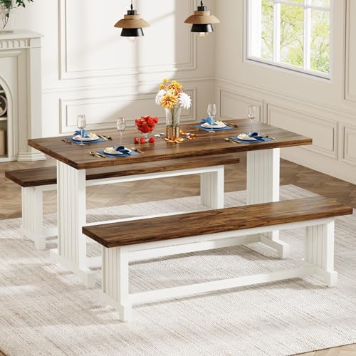 Tribesigns 47" Dining Table Set for 4-6, 3-Piece Kitchen Room Table with 2 Benches, Farmhouse Wood Dinner Table for Small Space, Home Kitchen, White & Rustic Brown