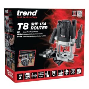 Trend T8 1/2 Inch Dual-Mode Plunge Workshop Router, Engineered for Hand-held and Router Table Use, 3-1/4 HP, 15 Amp, U*T8EK