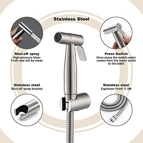 MINJING Toilet Bidet Faucet Set 304 Stainless Steel Brushed Bidet Sprayer with 1.5m Shower Hose