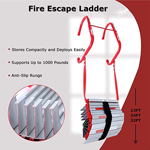 FGQCBBYC Emergency Fire Escape Ladder 2-6 Storey, Aluminum Alloy Flame Resistant Portable Safety Ladders, Easy to Store Fire Ladder for Indoor Outdoor,Tree House, Playground,13FT/4M