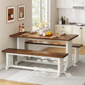 Tribesigns 47" Dining Table Set for 4-6, 3-Piece Kitchen Room Table with 2 Benches, Farmhouse Wood Dinner Table for Small Space, Home Kitchen, White & Rustic Brown