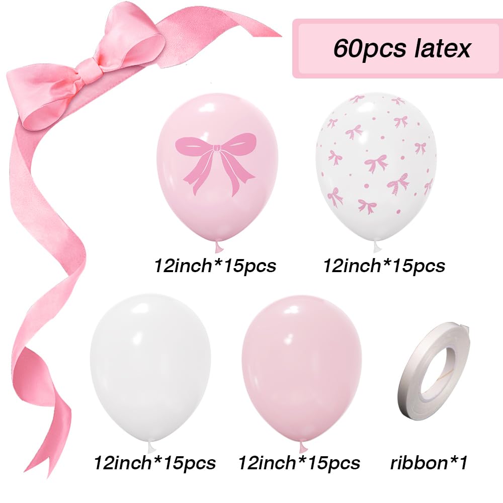 60Pcs Pink Latex Bow Balloons Set, 12" Pastel Pink White Bow Latex Balloon for Birthday Party Bachelorette Decorations Bridal Engagement Wedding Bow Theme Coquette Supplies (Pink white)