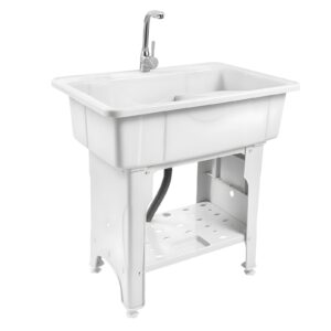 utility sink laundry tub, freestanding utility sink,with hot and cold faucet, valves drain pipe, heavy duty slop sinks for washing room, basement, garage or shop, large free standing wash (white)