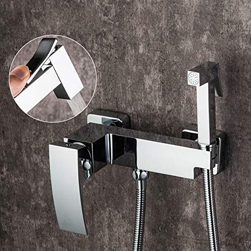 MINJING Chrome Bidet Faucet for Toilet, Solid Brass Handheld Bidet Toilet Sprayer, Hot Cold Water Mixer Tap, Toilet Faucet for Cloth Diaper, Pet Wash, Personal Hygiene