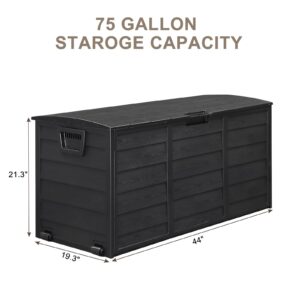 75 Gallon Outdoor Storage Box, Large Outdoor Storage Boxes for Garden Tools Outdoor Garden Plastic Storage Deck Box Chest Tools Cushions Toys Lockable Seat Black