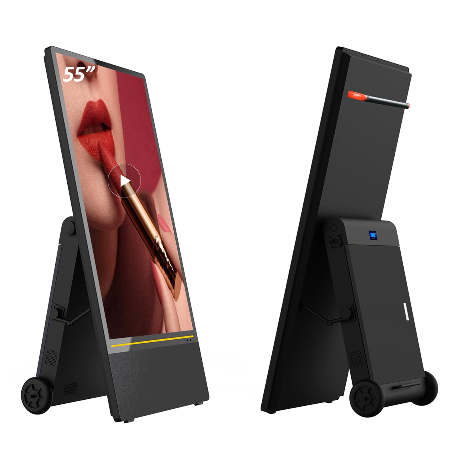 55 Inch Outdoor Portable Digital Signage with Rechargeable 1200WH Battery and Wheels, LCD Non-Touchscreen Digital Kiosk with IP65 Waterproof, Android 11