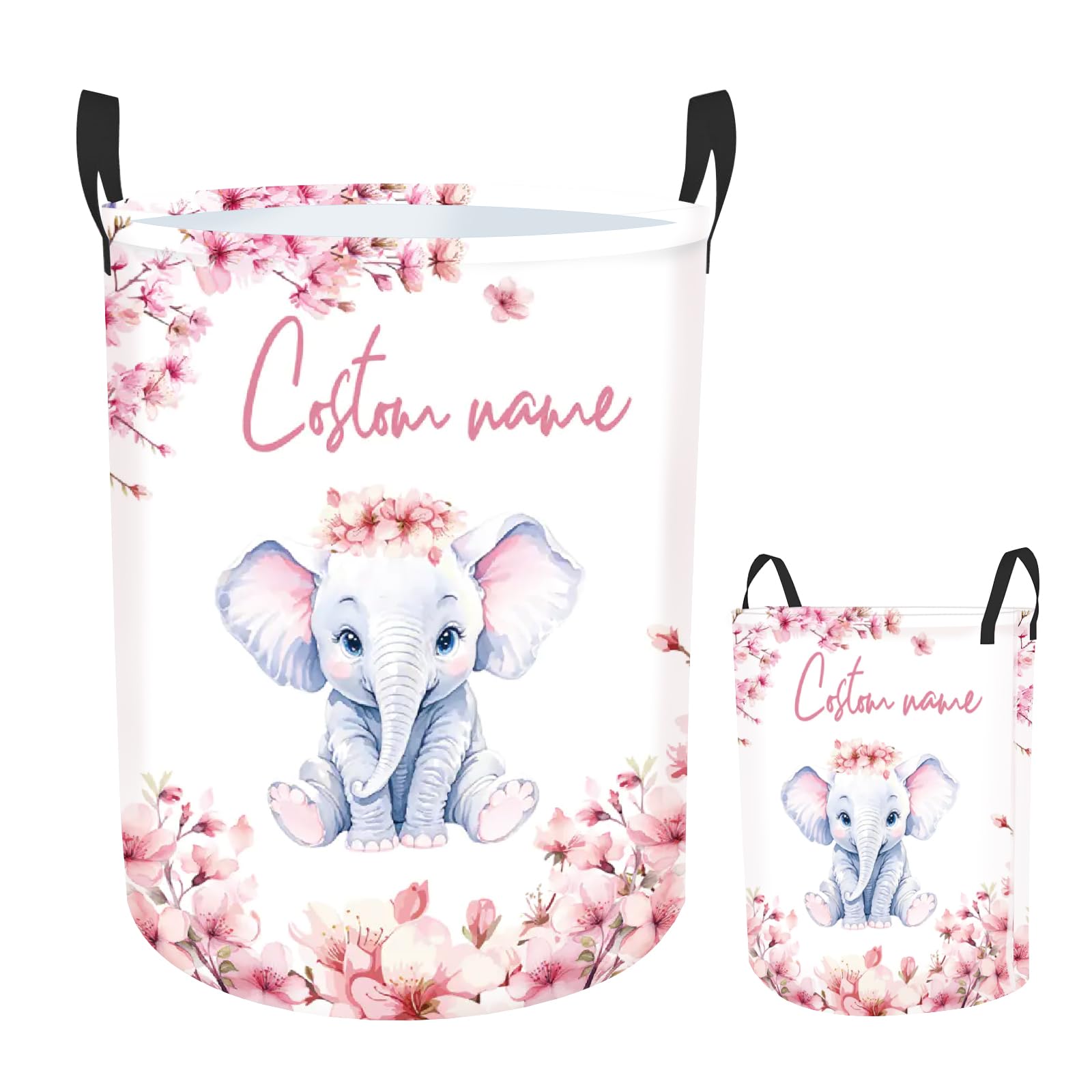 Rucekia Custom Name Laundry Hamper Kids with Elephant Print, Personalized Laundry Basket for Nursery Girl, Customize Baby Name Laundry Baskets for Boys Girls Adults 2 Sizes