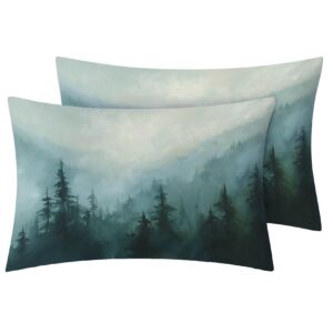 Misty Forest Duvet Cover Queen Size | Pine Tree Woodland Landscape Bedding Set | 3 Piece | Soft Microfiber Patterned Comforter Cover with Zipper Ties & 2 Pillowcases | Foggy Mountain Bedroom Decor