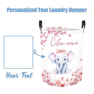 Rucekia Custom Name Laundry Hamper Kids with Elephant Print, Personalized Laundry Basket for Nursery Girl, Customize Baby Name Laundry Baskets for Boys Girls Adults 2 Sizes