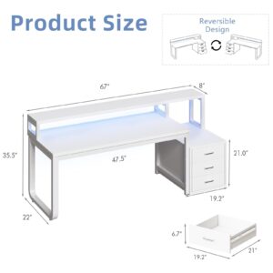 White Desk with 3 Drawers, 67 Inch White Computer Desk with Long Hutch, Home Office Desk with Storage, Home Office Desk with LED Light and Printer Stand, Heavy Duty Leg, Monitor Shelf for Bedroom