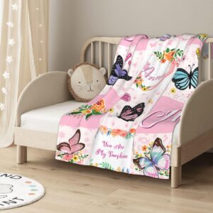 Custom Butterfly Blanket with Name Personalized Blankets Pink Flower Customized Name Kids Toddler for Girls Soft Fleece Blanket Newborn Swadding Blanket Nursery Stroller for Birthday, Christmas