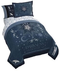 jay franco wednesday addams twin size comforter set - 5 piece bedding includes sheet set & pillow covers - blue stars super soft cozy bedding