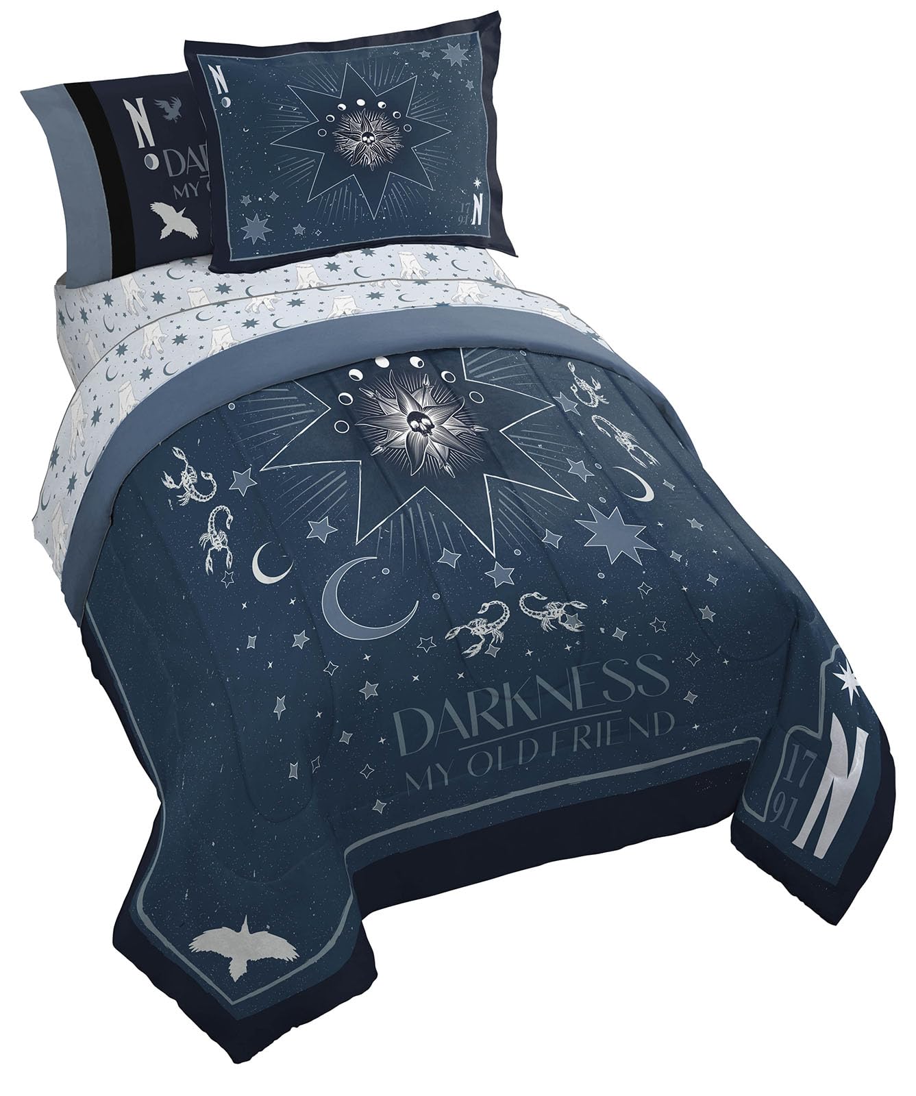 Jay Franco Wednesday Addams Twin Size Comforter Set - 5 Piece Bedding Includes Sheet Set & Pillow Covers - Blue Stars Super Soft Cozy Bedding