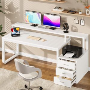 White Desk with 3 Drawers, 67 Inch White Computer Desk with Long Hutch, Home Office Desk with Storage, Home Office Desk with LED Light and Printer Stand, Heavy Duty Leg, Monitor Shelf for Bedroom