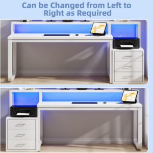 White Desk with 3 Drawers, 67 Inch White Computer Desk with Long Hutch, Home Office Desk with Storage, Home Office Desk with LED Light and Printer Stand, Heavy Duty Leg, Monitor Shelf for Bedroom