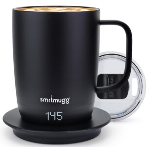 smrtmugg pro heated coffee mug 14 oz., 4 hour batter life, self-heating, adjustable temperature controlled, lcd screen, one button temperature adjustment, includes cover with magnetic slider (black)