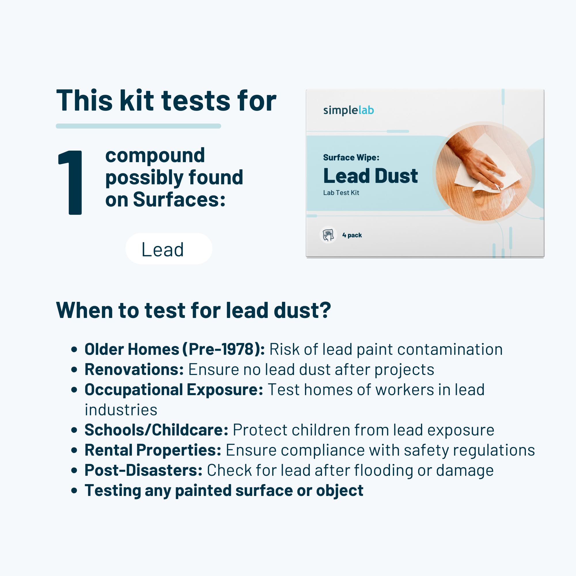 Lead Dust Surface Wipe Test by SimpleLab | 4-Pack | at-Home Sampling Lab Test Kit for Indoor Surfaces | Lead Paint Test kit | Includes Materials for 4X Samples - Must be Shipped Back Together