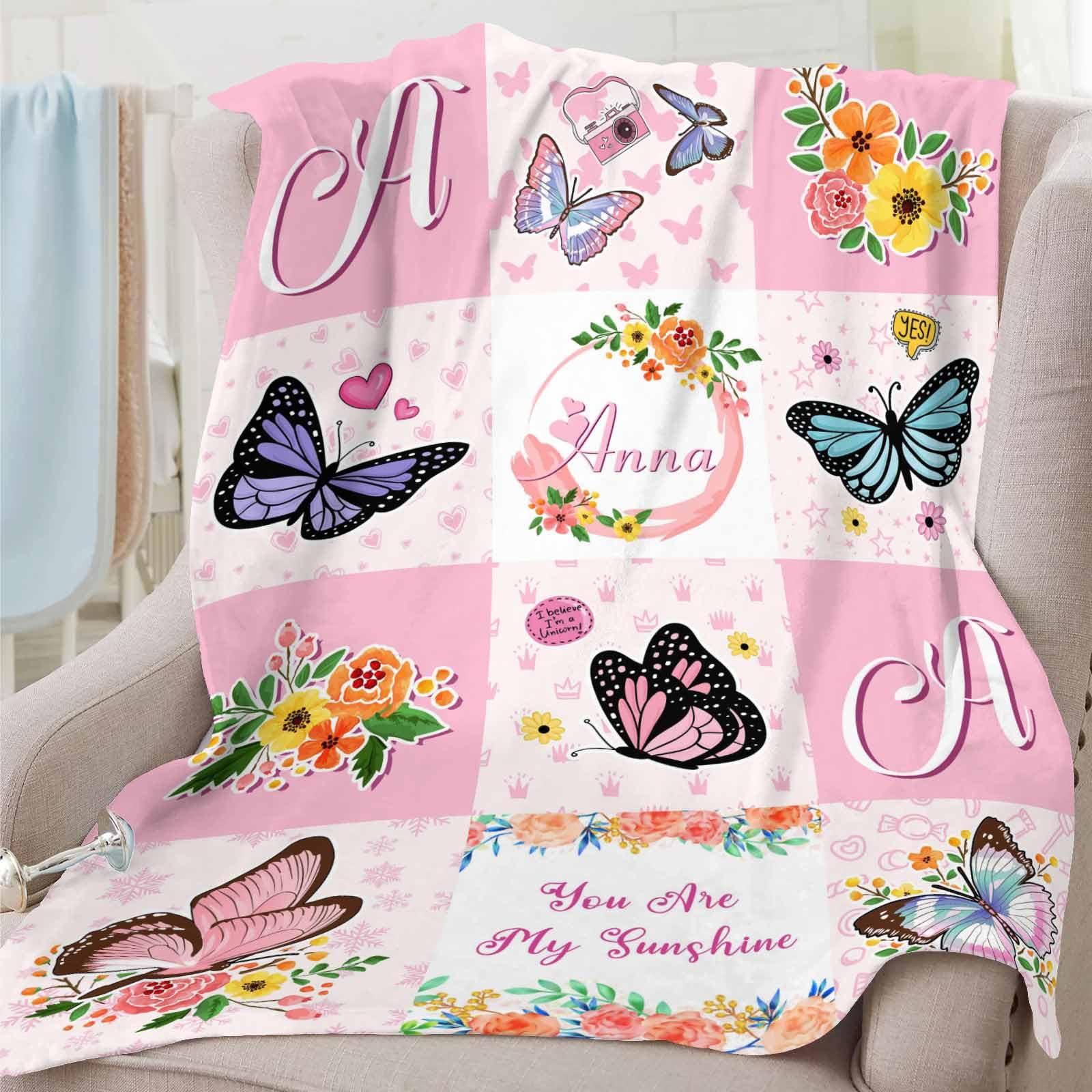 Custom Butterfly Blanket with Name Personalized Blankets Pink Flower Customized Name Kids Toddler for Girls Soft Fleece Blanket Newborn Swadding Blanket Nursery Stroller for Birthday, Christmas