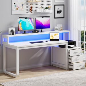 White Desk with 3 Drawers, 67 Inch White Computer Desk with Long Hutch, Home Office Desk with Storage, Home Office Desk with LED Light and Printer Stand, Heavy Duty Leg, Monitor Shelf for Bedroom