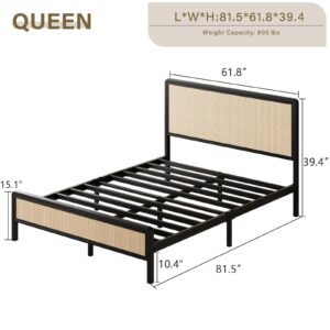 CHABUILDREARK Queen Rattan Bed Frame, Metal Platform Bed with Headboard, Bed Frame Queen Size with Steel Slats Support, No Box Spring Required, Easy Assembly