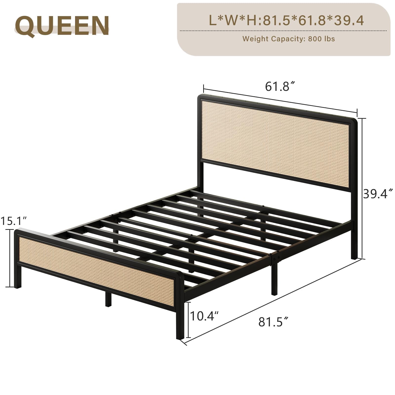 CHABUILDREARK Queen Rattan Bed Frame, Metal Platform Bed with Headboard, Bed Frame Queen Size with Steel Slats Support, No Box Spring Required, Easy Assembly