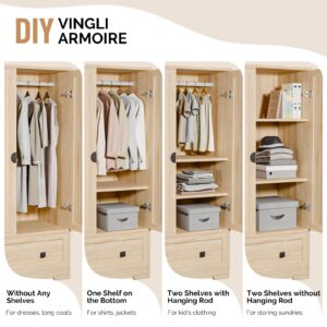 VINGLI Wardrobe Closet, Armoires and Wardrobes with Doors,Hanging Rod, Shelves and Drawer, Freestanding Closet Wardrobe Cabinet, Oak Armoire Wardrobe for Bedroom, Dorm, 38" W x 21" D x 65" H