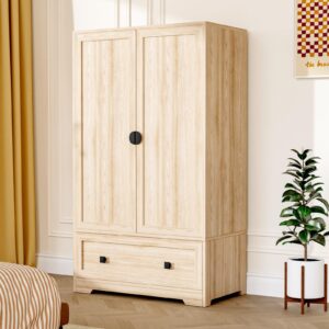 VINGLI Wardrobe Closet, Armoires and Wardrobes with Doors,Hanging Rod, Shelves and Drawer, Freestanding Closet Wardrobe Cabinet, Oak Armoire Wardrobe for Bedroom, Dorm, 38" W x 21" D x 65" H