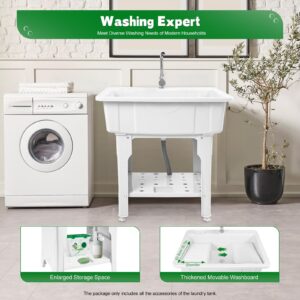 Utility Sink Laundry Tub, Freestanding Utility Sink,With Hot and Cold Faucet, Valves Drain Pipe, Heavy Duty Slop Sinks For Washing Room, Basement, Garage or Shop, Large Free Standing Wash (White)