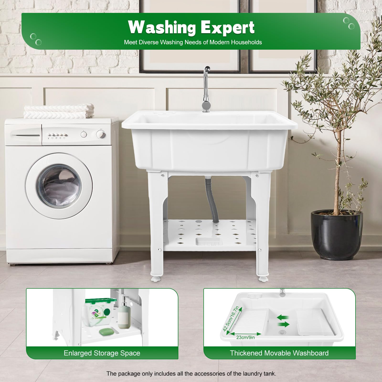 Utility Sink Laundry Tub, Freestanding Utility Sink,With Hot and Cold Faucet, Valves Drain Pipe, Heavy Duty Slop Sinks For Washing Room, Basement, Garage or Shop, Large Free Standing Wash (White)